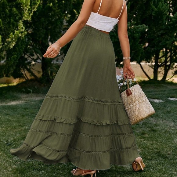 Green Boho Womens Tie Waist Ruffle Hem Skirt - Picture 2 of 5